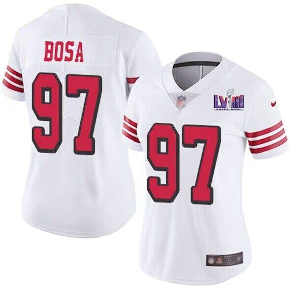 Women's NFL San Francisco 49ers #97 Nick Bosa New White Super Bowl LVIII Patch Vapor Untouchable Limited Stitched Jersey